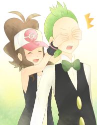 Rule 34 | 10s, 1boy, 1girl, bad id, bad pixiv id, baseball cap, bow, bowtie, brown hair, cilan (pokemon), closed eyes, covered eyes, covering face, covering own eyes, covering privates, creatures (company), fin2424, game freak, green hair, hands on another&#039;s face, hat, hilda (pokemon), long hair, nintendo, pokemon, pokemon bw, ponytail, traditional bowtie