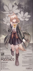 Rule 34 | 1girl, animal ears, arknights, bad id, bad pixiv id, belt, black choker, black footwear, black skirt, boots, breasts, character profile, choker, co32-, commentary, dog ears, dog girl, dog tail, english commentary, expressionless, flower, full body, green eyes, green jacket, hair between eyes, hand up, head tilt, highres, infection monitor (arknights), jacket, knee boots, leg up, long sleeves, looking at viewer, medium hair, miniskirt, neck ribbon, open clothes, open jacket, pleated skirt, podenco (arknights), ribbon, see-through, shirt, silver hair, skirt, small breasts, solo, standing, tail, thigh strap, translation request, utility belt, white shirt, yellow ribbon