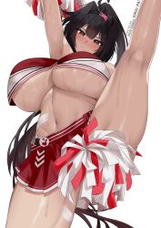 Rule 34 | 1girl, absurdres, ahoge, amai-pai, armpits, bay (nikke), black hair, blush, breasts, brown eyes, cheerleader, closed mouth, commentary, english commentary, goddess of victory: nikke, hair intakes, highres, holding, holding pom poms, huge breasts, long hair, looking at viewer, navel, pleated skirt, pom pom (cheerleading), pom poms, red shirt, red skirt, shirt, simple background, skirt, solo, split, standing, standing on one leg, standing split, stomach, sweat, thick thighs, thighs, underboob, white background