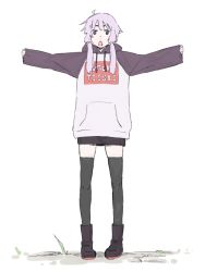 Rule 34 | 1girl, :o, black thighhighs, blush stickers, boots, clothes writing, commentary, drawstring, flat chest, full body, grass, hood, hoodie, long sleeves, looking at viewer, miniskirt, open mouth, purple eyes, purple footwear, purple hair, purple hoodie, purple skirt, raglan sleeves, saitou tasuke, short hair with long locks, skirt, sleeves past wrists, solo, standing, sugoi dekai, t-pose, thighhighs, vocaloid, voiceroid, yuzuki yukari