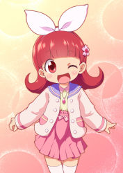 Rule 34 | 1girl, ;d, blush, collared shirt, commentary request, fingernails, flower, hair flower, hair ornament, hair ribbon, head tilt, high-waist skirt, highres, jacket, jewelpet (series), jewelpet magical change, jewelry, long hair, long sleeves, looking at viewer, one eye closed, open clothes, open jacket, open mouth, outstretched arms, pendant, pink hair, pink jacket, pink ribbon, pleated skirt, red eyes, red hair, ribbon, ruby (jewelpet), sakurabe notos, shirt, skirt, sleeves past wrists, smile, solo, thighhighs, white thighhighs, yellow shirt