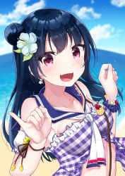 Rule 34 | 1girl, :d, absurdres, blue hair, blurry, blurry background, blush, breasts, cloud, earrings, fang, female focus, flower, frills, hair flower, hair ornament, hands up, harukasu (mememememo), highres, huge filesize, jewelry, looking at viewer, love live!, love live! sunshine!!, ocean, open mouth, pink eyes, pinky out, sailor collar, skin fang, smile, solo, tsushima yoshiko, water, wristband