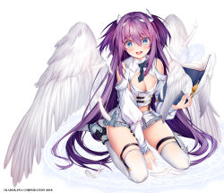 Rule 34 | 1girl, blue eyes, blush, book, breasts, cleavage, feathered wings, kneeling, long hair, looking at viewer, medium breasts, obiwan, open book, open mouth, original, purple hair, solo, thighhighs, very long hair, white background, wings