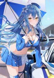 Rule 34 | 1girl, absurdres, ahoge, asymmetrical clothes, blue hair, blurry, blurry background, boots, breasts, car, cleavage, closed mouth, collarbone, day, ferrari, ferrari 458 italia, fingernails, hair ornament, half updo, hat, highres, hololive, lips, long hair, long sleeves, looking at viewer, medium breasts, midriff, miniskirt, motor vehicle, nail polish, navel, outdoors, pleated skirt, pointy ears, race queen, rin yuu, scan, simple background, skirt, smile, solo, stomach, thigh boots, thighs, umbrella, virtual youtuber, yellow eyes, yukihana lamy