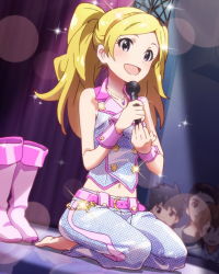Rule 34 | 10s, 1girl, 2boys, artist request, barefoot, belt, blonde hair, blush, boots, card (medium), cuffs, emily stewart, emily stuart, hairband, idolmaster, idolmaster million live!, jewelry, knee boots, kneeling, lens flare, long hair, looking at viewer, microphone, midriff, million dreams (idolmaster), multiple boys, necklace, official art, purple eyes, seiza, shoes, sitting, smile, sparkle, twintails, unworn boots, unworn shoes, white footwear, wrist cuffs