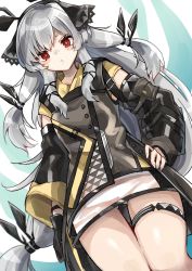 Rule 34 | 1girl, :&lt;, andou yuna, arknights, blush, buttons, detached sleeves, gloves, gluteal fold, grey hair, hair ornament, hand on own hip, highres, jacket, legband, long hair, looking down, low-tied long hair, no panties, red eyes, see-through, simple background, single glove, solo, weedy (arknights), x hair ornament