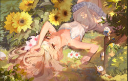Rule 34 | 1girl, armpits, bird, blonde hair, blush, breasts, cleavage, collarbone, dappled sunlight, dress, elf, flower, frilled dress, frills, hair flower, hair ornament, hand in own hair, highres, holding, holding flower, hololive, legs together, light particles, long hair, looking at viewer, lying, meadow, medium breasts, multicolored hair, on back, on grass, papon, plant, pointy ears, potted plant, red eyes, shiranui flare, smile, solo, streaked hair, sundress, sunflower, sunlight, swept bangs, virtual youtuber, white flower, white hair, yellow flower