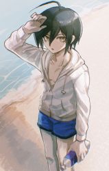 Rule 34 | 1boy, ahoge, arm up, beach, black hair, blue male swimwear, blue swim trunks, bottle, brown eyes, collarbone, commentary request, danganronpa (series), danganronpa s: ultimate summer camp, danganronpa v3: killing harmony, feet out of frame, highres, holding, holding bottle, hood, jacket, long sleeves, looking at viewer, male focus, male swimwear, open mouth, saihara shuichi, solo, standing, sweat, swim trunks, swimsuit, swimsuit under clothes, visket53, water, water bottle, white jacket, yellow eyes