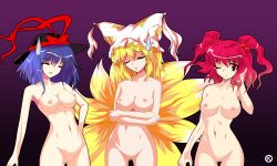 Rule 34 | 3girls, alphes (style), animal ears, bad id, bad pixiv id, blonde hair, blue hair, breast hold, breast lift, breasts, breasts apart, censored, closed eyes, crossed arms, female focus, fox ears, fox tail, hair bobbles, hair ornament, hand in own hair, hand on own hip, hat, hat with ears, hip focus, kaoru (gensou yuugen-an), large breasts, multiple girls, multiple tails, nagae iku, navel, nipples, nude, one eye closed, onozuka komachi, open mouth, parody, pussy, red eyes, red hair, short hair, simple background, style parody, sweatdrop, tail, tears, touhou, twintails, two side up, wink, yakumo ran