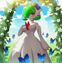 Rule 34 | 1girl, absurdres, arch, arm at side, artist name, backlighting, bare shoulders, blue sky, blush, bob cut, breasts, bridal veil, bride, bug, butterfly, closed mouth, cloud, collarbone, colored skin, creatures (company), daisy, dated, day, dress, elbow gloves, enddada, female focus, flower, flower wreath, game freak, gardevoir, gen 3 pokemon, gloves, green hair, hair over one eye, hand up, happy, highres, insect, lily (flower), looking at viewer, medium breasts, mega gardevoir, mega pokemon, nintendo, one eye covered, outdoors, pokemon, pokemon (creature), purple flower, red eyes, short hair, signature, sky, smile, solo, split mouth, standing, strapless, strapless dress, veil, wedding dress, white dress, white flower, white gloves, white skin, yellow flower