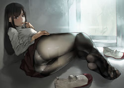 Rule 34 | 1girl, ass, black hair, brown eyes, feet, finger to mouth, hand on own thigh, long hair, looking at viewer, panties, panties under pantyhose, pantyhose, shoes, unworn shoes, soles, underwear, uwabaki, yomu (sgt epper)