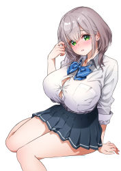 Rule 34 | 1girl, blue bow, blue bowtie, blue skirt, blush, bow, bowtie, breasts, bursting breasts, button gap, collared shirt, commentary request, dress shirt, green eyes, grey hair, hair behind ear, hand up, highres, hololive, huge breasts, long sleeves, looking at viewer, nanase meruchi, parted lips, pleated skirt, shirogane noel, shirogane noel (school uniform), shirt, simple background, sitting, skirt, solo, striped bow, striped bowtie, striped clothes, uniform, virtual youtuber, white background, white shirt