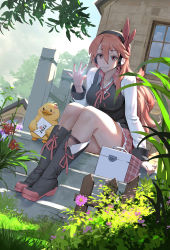 Rule 34 | 1girl, absurdres, akame ga kill!, black footwear, black headphones, black legwear, black vest, boots, brown hair, building, butterfly hair ornament, candy, checkered clothes, checkered skirt, chelsea (akame ga kill!), fence, flower, food, grass, hair between eyes, hair ornament, hand up, highres, jewelry, knee boots, letter, lollipop, long hair, long sleeves, looking at viewer, mouth hold, nail polish, neck ribbon, outdoors, picnic basket, pink skirt, plaid, plaid skirt, plant, red eyes, ribbon, ring, shirt, sitting, sitting on stairs, skirt, sky, smile, solo, stairs, thighs, tree, user wcpu2854, vest, wedding band, white shirt, wooden fence
