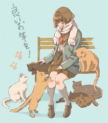 Rule 34 | 1girl, bench, blazer, blue background, blue jacket, blush, bow, bowtie, brown footwear, brown hair, brown skirt, cat, closed eyes, closed mouth, dot nose, facing down, fringe trim, full body, grey socks, hand on lap, high-waist skirt, highres, jacket, kneehighs, knees together feet apart, loafers, long hair, long sleeves, miniskirt, open clothes, open jacket, original, petting, pleated skirt, red bow, red bowtie, scarf, school uniform, shadow, shirt, shirt tucked in, shoes, simple background, sitting, skirt, smile, socks, solo, takaki (mh 399), translation request, white scarf, white shirt
