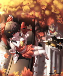 Rule 34 | 1girl, ascot, autumn leaves, bow, brown hair, detached sleeves, drone, from above, hair bow, hair ornament, hair tubes, hairclip, hakurei reimu, hakurei shrine, highres, hk (hk), long sleeves, mask, md5 mismatch, panties, quadcopter, red eyes, shirt, sitting, sitting on torii, skirt, skirt set, solo, stairs, tengu mask, thighhighs, torii, touhou, underwear, unmanned aerial vehicle, white panties, wide sleeves, zettai ryouiki