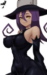 Rule 34 | 1girl, :3, bare shoulders, black dress, black hat, blair (soul eater), breasts, cleavage, closed mouth, covered erect nipples, detached sleeves, dress, flipped hair, hair between eyes, half-closed eyes, hat, highres, impossible clothes, large breasts, looking at viewer, mrjack, naughty face, purple hair, skin tight, solo, soul eater, witch, witch hat, yellow eyes