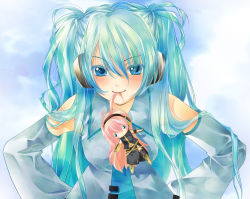 Rule 34 | aqua hair, bad id, bad pixiv id, blue eyes, blush, chibi, detached sleeves, hands on own hips, hatsune miku, headphones, long hair, megurine luka, mouth hold, necktie, nyankichi, pink hair, smile, twintails, vocaloid