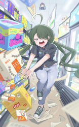 &gt;_&lt; 1girl absurdres ahoge antenna_hair black_choker chips_(food) choker commentary converse drone english_commentary falling falling_paper food fumo_(doll) green_hair grocery_store highres lay&#039;s_(potato_chips) low_twintails open_mouth original shoes sneakers solo standing standing_on_one_leg twintails vialle