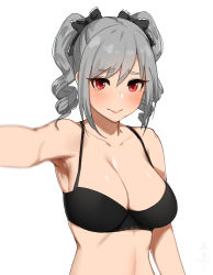 Rule 34 | 1girl, 3:, arm at side, arm up, armpits, black bra, blurry, blush, bow, bra, breasts, cleavage, closed mouth, depth of field, drill hair, grey hair, hair bow, idolmaster, idolmaster cinderella girls, kanzaki ranko, large breasts, looking at viewer, medium hair, red eyes, senju (snz0), simple background, solo, twin drills, twintails, underwear, upper body, white background