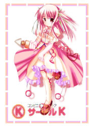 Rule 34 | 1girl, brown eyes, chain, circle k, circlek, dress, food, frills, long hair, mascot, pink hair, shoes, solo, standing, standing on one leg, thighhighs, white background, white thighhighs