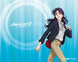 Rule 34 | 10s, 1girl, abstract background, bag, blouse, blue background, brown eyes, copyright name, cross, cross necklace, evangelion: 3.0 you can (not) redo, frilled shirt, frills, jacket, jewelry, katsuragi misato, looking away, marui (company), necklace, neon genesis evangelion, official art, official wallpaper, pants, pendant, promotional art, purple hair, rebuild of evangelion, shirt, shoulder bag, solo, walking, wallpaper, white shirt