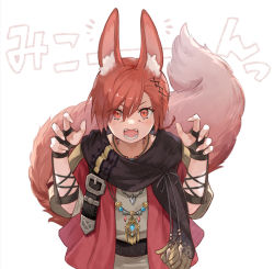 Rule 34 | 1boy, alternate animal ears, alternate tail, animal ear fluff, animal ears, babape, belt buckle, black gloves, black scarf, buckle, claw pose, commentary, facial mark, fangs, final fantasy, final fantasy xiv, fingerless gloves, fox boy, fox ears, fox tail, g&#039;raha tia, gloves, grey shirt, hair ornament, hands up, highres, jewelry, looking at viewer, male focus, neck tattoo, necklace, open mouth, red eyes, red hair, red shirt, ribbon, scarf, shirt, short hair, shoulder belt, solo, swept bangs, tail, tattoo, upper body, v-shaped eyebrows, vambraces, white background, x hair ornament