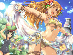 Rule 34 | 2girls, anonimasu, bad id, bad pixiv id, ball, beachball, bikini, black hair, blonde hair, blush, breasts, brown eyes, cleavage, covered erect nipples, covered navel, day, from below, front-tie top, green eyes, jewelry, lighthouse, long hair, lots of jewelry, medium breasts, multiple girls, navel, one-piece swimsuit, one eye closed, open mouth, original, ponytail, sarong, school swimsuit, short hair, side-tie bikini bottom, sky, sweat, swimsuit, twintails, underboob, unworn sarong, water, wink