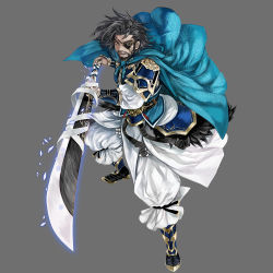 Rule 34 | 1boy, apt, armor, beard, black hair, cape, eyepatch, facial hair, full body, grey background, gyakushuu no fantasica, holding, holding sword, holding weapon, looking at viewer, male focus, official art, open mouth, simple background, solo, sword, teeth, weapon