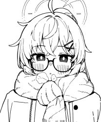 Rule 34 | 1girl, :o, ahoge, blue archive, blush, breath, commentary request, fringe trim, glasses, greyscale, hair between eyes, hair ornament, hairclip, halo, jacket, kotama (blue archive), looking at viewer, monochrome, open clothes, open jacket, parted lips, scarf, semi-rimless eyewear, seramikku, simple background, solo, under-rim eyewear, upper body, white background, x hair ornament