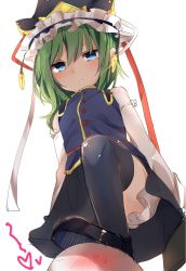 Rule 34 | 1girl, black footwear, black skirt, black thighhighs, blue eyes, blush, closed mouth, commentary request, femdom, green hair, hair between eyes, hat, heart, highres, karasusou nano, long sleeves, looking down, one-hour drawing challenge, shiki eiki, shoes, simple background, skirt, solo focus, stomping, sweat, thighhighs, touhou, white background