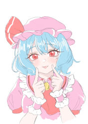 Rule 34 | 0002koko, 1girl, :p, absurdres, ascot, blue hair, blush, closed mouth, commentary request, cropped torso, crossed bangs, eyelashes, fingers to cheeks, frilled shirt collar, frilled wrist cuffs, frills, hair between eyes, hands up, hat, hat ribbon, highres, index fingers raised, looking at viewer, mob cap, pink hat, pink shirt, pink wrist cuffs, puffy short sleeves, puffy sleeves, red ascot, red eyes, red ribbon, remilia scarlet, ribbon, shirt, short hair, short sleeves, simple background, sketch, solo, tongue, tongue out, touhou, tsurime, white background, wrist cuffs