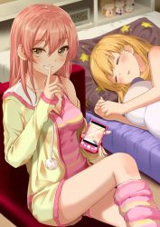 Rule 34 | 2girls, :d, :o, absurdres, age difference, alarm clock, blonde hair, breasts, cellphone, character doll, child, cleavage, clock, closed eyes, female pervert, finger to mouth, grin, highres, holding, holding phone, idolmaster, idolmaster cinderella girls, jougasaki mika, jougasaki rika, long hair, looking at viewer, multiple girls, hugging object, onee-loli, open mouth, parted lips, pervert, phone, pillow, pillow hug, pink hair, pom pom (clothes), shushing, siblings, sisters, sitting, sleeping, smile, takamiya nao, teeth, yellow eyes, yuri