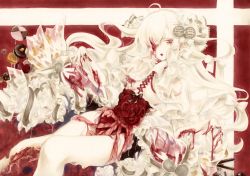 Rule 34 | 1girl, ahoge, albino, bleeding, blood, blood on arm, blood on chest, blood on face, blood on hands, bottomless, bow, bow earrings, breasts, candy, cannibalism, capelet, cookie, corset piercing, earrings, entrails, food, frilled bow, frills, guro, hair bow, hair over one eye, highres, implied cannibalism, intestines, jewelry, knees together feet apart, long hair, looking at viewer, marker (medium), melting, missing eye, multiple hair bows, nail polish, open mouth, organs, original, pale skin, parted lips, red background, red eyes, red lips, red nails, see-through, see-through capelet, simple background, small breasts, solo, too many bows, traditional media, very long hair, white background, white bow, white capelet, white hair, white theme, yuu niro