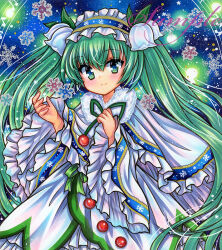 Rule 34 | 1girl, blue background, blue eyes, blue hairband, capelet, closed mouth, commentary request, dress, flower, frilled capelet, frilled hairband, frills, fur collar, green hair, green ribbon, hair flower, hair ornament, hairband, hatsune miku, lily of the valley, long hair, long sleeves, looking at viewer, marker (medium), ribbon, rowan, rui (sugar3), sample watermark, smile, snowflakes, solo, traditional media, twintails, very long hair, vocaloid, watermark, white capelet, white dress, white flower, wide sleeves, yuki miku, yuki miku (2015)