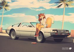 Rule 34 | 1girl, absurdres, ahoge, animal ears, animal nose, arm at side, artist name, blue shorts, blue sky, body fur, borrowed character, breasts, brown eyes, brown fur, brown hair, car, cloud, collarbone, collared shirt, commission, covered erect nipples, day, delorean, denim, denim shorts, deviantart username, dutch angle, earrings, fangs, feet, female focus, fox-pop vli, fox ears, fox girl, fox tail, furaffinity username, furry, furry female, hand on own knee, happy, highres, jewelry, legs, license plate, long hair, looking at viewer, motor vehicle, multicolored fur, navel, no bra, on vehicle, open clothes, open fly, open mouth, open shirt, orange fur, original, outdoors, palm tree, parted bangs, red footwear, retro artstyle, shirt, shoe dangle, shoes, short shorts, short sleeves, shorts, sidelocks, single earring, single shoe, sitting, sky, small breasts, smile, solo, stomach, tail, tail raised, teeth, thighs, tree, twitter username, vehicle focus, watermark, white fur, white shirt, wide-eyed, window