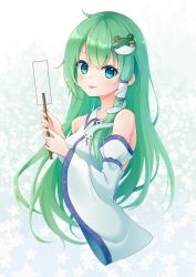 Rule 34 | 1girl, :p, bare shoulders, blue eyes, blush, breasts, commentary request, cropped torso, detached sleeves, frog hair ornament, gohei, green hair, hair ornament, hair tubes, hands up, highres, holding, holding stick, kochiya sanae, large breasts, light smile, long hair, long sleeves, miaomao, nontraditional miko, single sidelock, snake hair ornament, solo, star (symbol), starry background, stick, tongue, tongue out, touhou, upper body, very long hair, wide sleeves, wing collar