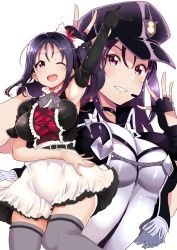 Rule 34 | 10s, 1girl, arm up, armpits, believe again, black gloves, black hat, blush, breasts, dress, fingerless gloves, gloves, grey thighhighs, grin, hair ornament, hat, idol, kazuno sarah, kuzu kow, looking at viewer, love live!, love live! sunshine!!, microphone, multiple views, one eye closed, open mouth, peaked cap, purple eyes, purple hair, ribbon, shiny clothes, short sleeves, side ponytail, simple background, smile, solo, teeth, thighhighs, white background