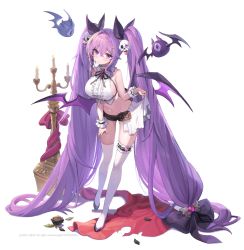 Rule 34 | 1girl, absurdly long hair, bare shoulders, bow, breasts, candle, full body, hair between eyes, hair bow, hair ornament, heart, high heels, large breasts, lerome, long hair, micro shorts, midriff, navel, original, pouch, purple eyes, purple hair, shorts, simple background, skull, skull hair ornament, sleeveless, solo, standing, thighhighs, tongue, twintails, very long hair, white background, wings, wrist cuffs