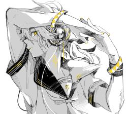 Rule 34 | 1boy, ascot, bracelet, hair tie, headband, interlocked fingers, jewelry, kagamine len, looking at viewer, male focus, monochrome, ponytail, simple background, solo, spot color, sweatband, tattoo, upper body, vocaloid, white background, yamako (state of children), yellow eyes