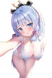 Rule 34 | 1girl, absurdres, arm under breasts, ayaka (genshin impact), blue eyes, blunt bangs, blunt tresses, blush, bra, breast hold, breasts, cleavage, cowboy shot, genshin impact, hair ribbon, highres, large breasts, leaning forward, long hair, looking at viewer, mihasu, mole, mole under eye, neck tassel, outstretched arm, panties, parted lips, ponytail, raised eyebrows, ribbon, selfie, simple background, thighs, tress ribbon, underwear, white background, white bra, white panties