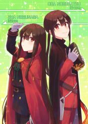 Rule 34 | 1boy, 1girl, black cape, black hair, black headwear, cape, fate/grand order, fate (series), gloves, hat, height difference, highres, long hair, oda nobukatsu (fate), oda nobunaga (fate), oda nobunaga (koha-ace), red cape, red eyes, siblings, smile, yzrh0