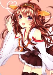Rule 34 | 10s, 1girl, :d, ahoge, bad id, bad pixiv id, breasts, brown hair, cleavage, detached sleeves, frilled skirt, frills, hairband, heart, highres, japanese clothes, kantai collection, kongou (kancolle), long hair, nontraditional miko, open mouth, personification, purple eyes, ribbon-trimmed sleeves, ribbon trim, skirt, smile, solo, thighhighs, wide sleeves, yua (ibara1211)