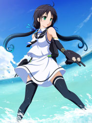 Rule 34 | 10s, 1girl, ahoge, bad id, bad pixiv id, bare shoulders, black hair, black neckerchief, black thighhighs, blouse, cloud, day, detached sleeves, green eyes, highres, ishida seito, kantai collection, legs apart, long hair, low twintails, neckerchief, outdoors, shirt, skirt, sky, sleeveless, sleeveless shirt, solo, sparkle, suzukaze (kancolle), thighhighs, twintails, water