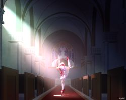 Rule 34 | 1girl, ankle ribbon, arm up, ballet, ballet slippers, bench, bow, breasts, carpet, choker, church, church interior, column, cross-laced footwear, curly hair, dancing, darkness, dress, faceless, faceless female, frilled skirt, frills, gloves, hair ribbon, hand up, indoors, kaname madoka, kneehighs, leg ribbon, leg up, light, light particles, light rays, long dress, long hair, magical girl, mahou shoujo madoka magica, mahou shoujo madoka magica (anime), outstretched arm, pantyhose, pew, pillar, pink bow, pink hair, profile, red choker, red footwear, red ribbon, ribbon, shadow, sidelighting, skirt, small breasts, socks, solo, spotlight, stained glass, standing, standing on one leg, sunbeam, sunlight, tiptoes, ultimate madoka, user udne8433, very long hair, waist bow, white dress, white gloves, white skirt, white socks, window