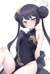 Rule 34 | 1girl, bare shoulders, black dress, black gloves, black hair, blue archive, blush, breasts, china dress, chinese clothes, cocozasa, covered navel, double bun, dragon print, dress, gloves, grey eyes, hair bun, hair ornament, halo, highres, kisaki (blue archive), looking at viewer, off shoulder, print dress, simple background, small breasts, solo, twintails, white background