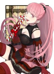 Rule 34 | 1girl, absurdres, breasts, candy, candy cane, cleavage, dress, earrings, female focus, fire emblem, fire emblem: three houses, food, gloves, highres, hilda valentine goneril, holding, jewelry, large breasts, long hair, matching hair/eyes, nenekantoku, nintendo, open mouth, pink eyes, pink hair, ponytail, red gloves, smile, solo, twitter username