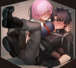 Rule 34 | 1boy, 1girl, black dress, black jacket, black pantyhose, blush, boots, box, breasts, combat boots, cramped, cross-laced footwear, dress, eyes visible through hair, fate/grand order, fate (series), fujimaru ritsuka (male), fujimaru ritsuka (male) (polar chaldea uniform), glasses, hair over one eye, in box, in container, jacket, kaita (mokamilkcup), lace-up boots, large breasts, mash kyrielight, necktie, pantyhose, polar chaldea uniform, purple eyes, purple hair, short hair, trapped