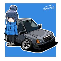Rule 34 | 1girl, absurdres, blue background, blue hair, blue jacket, border, commentary, commission, english commentary, grey footwear, hair bun, highres, holeecrab, jacket, mercedes-benz, new balance, purple eyes, shima rin, shoes, single hair bun, smile, sneakers, solo, twitter username, vehicle focus, vehicle request, white border, yurucamp