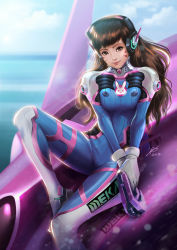 Rule 34 | 1girl, absurdres, acronym, animal print, backlighting, blue sky, bodysuit, breasts, brown eyes, brown hair, chua eng han, clothes writing, cloud, commentary, d.va (overwatch), dated, day, facepaint, facial mark, finger on trigger, gloves, gun, handgun, headphones, high collar, highres, holding, holding gun, holding weapon, leg up, light smile, lips, long hair, looking at viewer, mecha, medium breasts, meka (overwatch), nose, outdoors, overwatch, overwatch 1, pilot suit, pink lips, pistol, rabbit print, reflection, ribbed bodysuit, robot, shoulder pads, signature, sitting, skin tight, sky, solo, swept bangs, weapon, whisker markings, white gloves