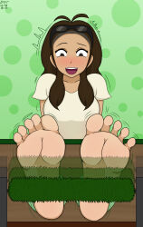 Rule 34 | 1girl, alola mother, barefoot, brown hair, creatures (company), dst1278, feet, foot focus, game freak, laughing, mother (pokemon), nintendo, open mouth, pokemon, pokemon sm, signature, simple background, soles, sunglasses, sunglasses on head, tickling, tickling feet, toes